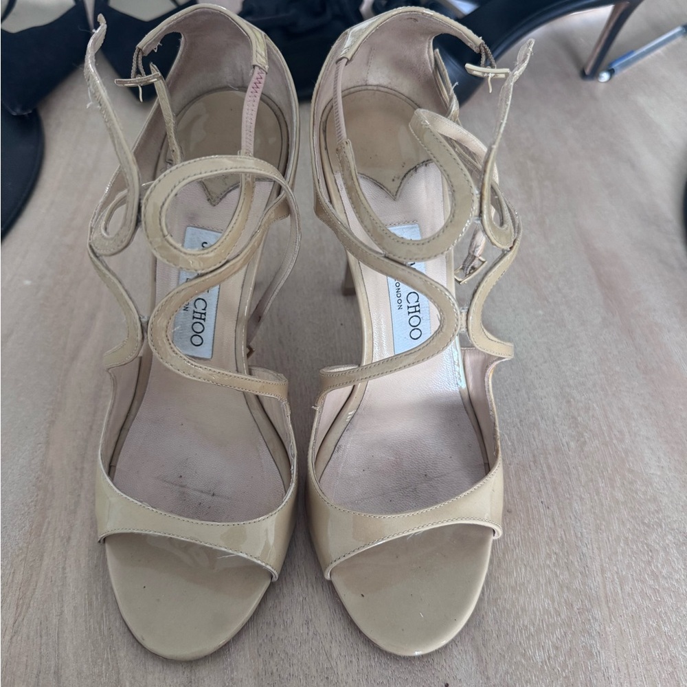Jimmy Choo Beige Patent Leather Strappy High Heels